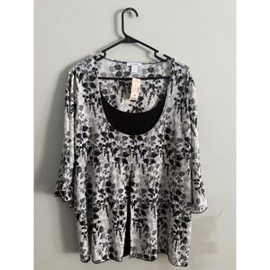 Dressbarn Womens 2X Black White Leaf Print Layered Look Tunic Top
